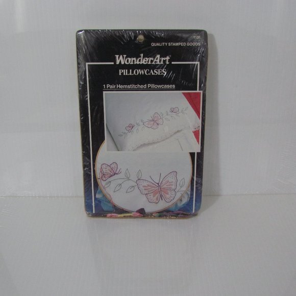WonderArt Stamped Pillowcases 1 Pair Hemstitched Butterfly Pattern 1131 - Picture 1 of 5
